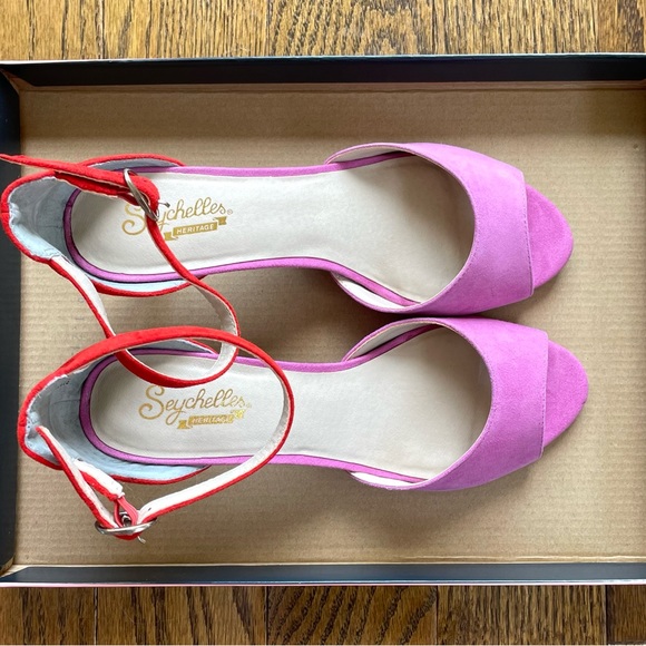 Seychelles Hazel Fuchsia and Red Suede Leather Ankle Strap Heels - Picture 3 of 12